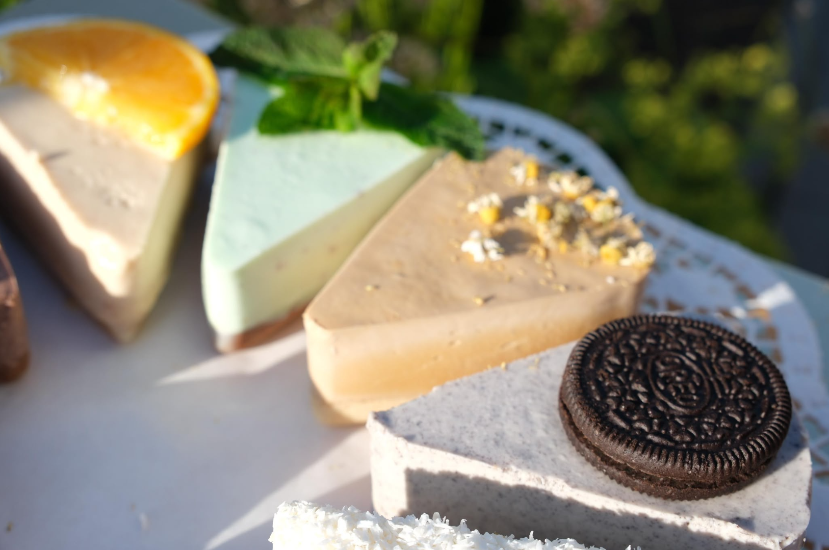 Close-up of handmade cheesecakes